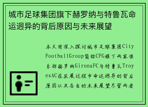 城市足球集团旗下赫罗纳与特鲁瓦命运迥异的背后原因与未来展望