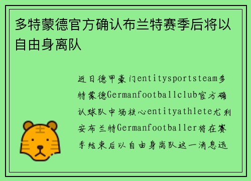 多特蒙德官方确认布兰特赛季后将以自由身离队 多特蒙德官方确认布兰特赛季后将以自由身离队