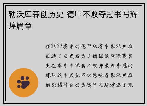 勒沃库森创历史 德甲不败夺冠书写辉煌篇章